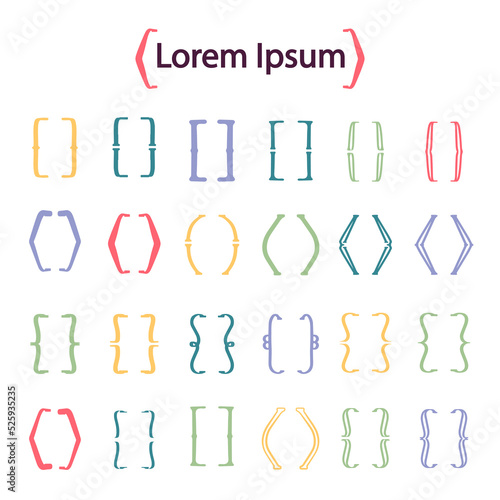 Colorful curly braces set. 24 various elements isolated on white background. Round  triangular and square brackets. Vector illustration in flat style