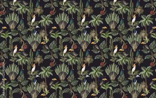 Fototapeta Naklejka Na Ścianę i Meble -  exotic jungle wallpaper design, palm trees, repeating pattern, parrots, mural, art.