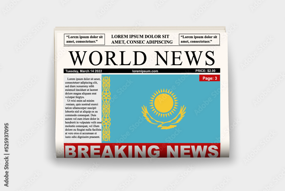 Obraz premium Kazakhstan country newspaper with flag, breaking news on newsletter, news concept, gazette page with headline