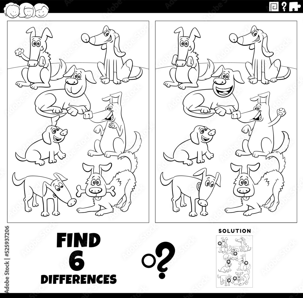differences game with cartoon dogs animals coloring page differences game with cartoon dogs animals coloring page