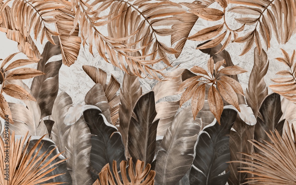 Tropical plants and leafs wallpaper design, sepia color, monochrome, jungle background, pattern design, mural art. - obrazy, fototapety, plakaty 