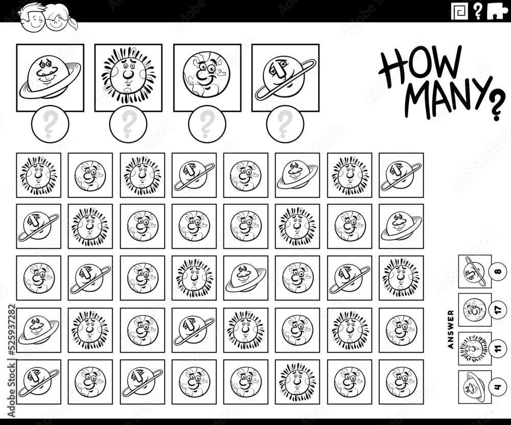 how many cartoon planets counting game coloring page how many cartoon planets counting game coloring page