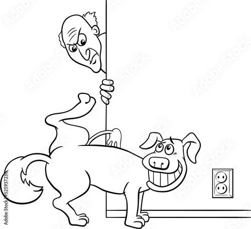cartoon dog peeing at home and his angry owner coloring page