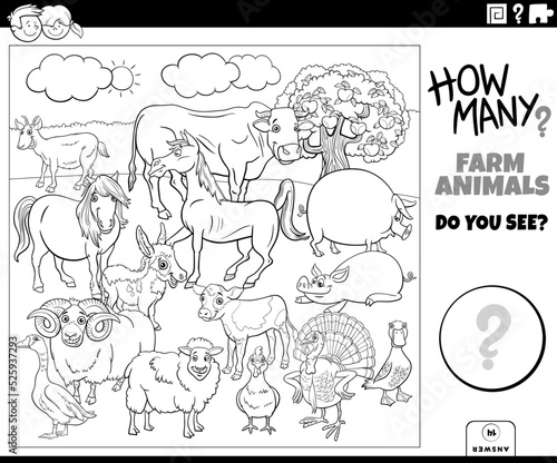 counting cartoon farm animals educational task coloring page
