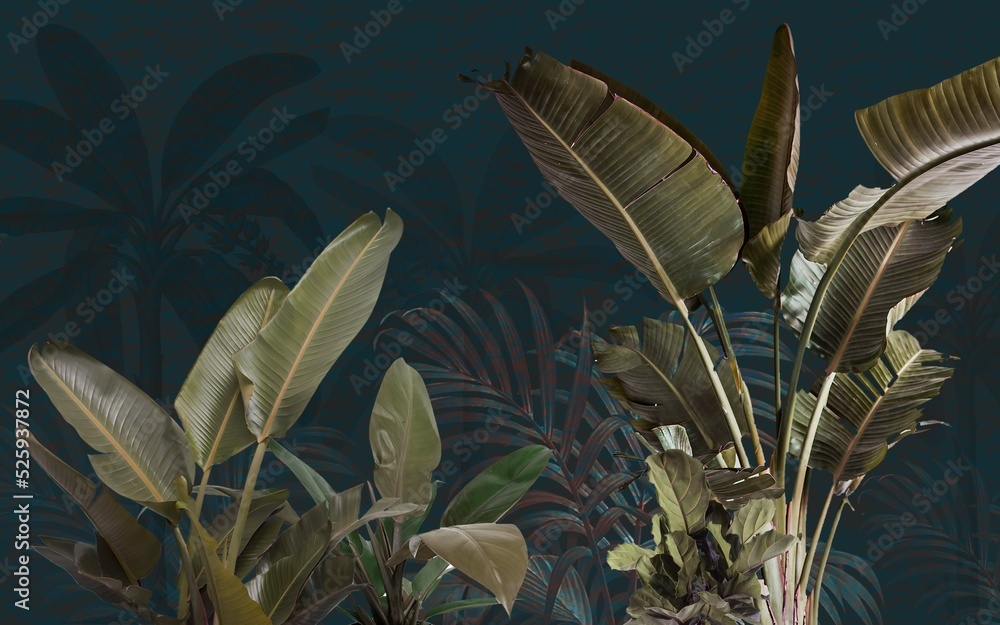 custom made wallpaper toronto digitalTropical plants banana trees wallpaper design, dark bacground, vintage wallpaper, jungle background, mural art.
