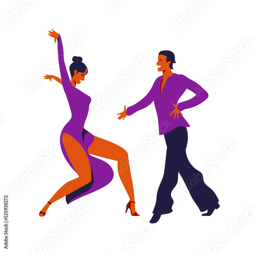 Dancing couple. Trendy vector illustration of professional ballroom dancers for poster, banner. International Latin: Cha cha, Samba, Rumba, Paso Doble, Jive. American Rhythm: Salsa, Mambo, Swing.