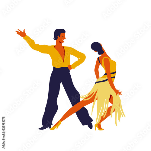Dancing couple. Trendy vector illustration of professional ballroom dancers for poster, banner. International Latin: Cha cha, Samba, Rumba, Paso Doble, Jive. American Rhythm: Salsa, Mambo,  Swing.