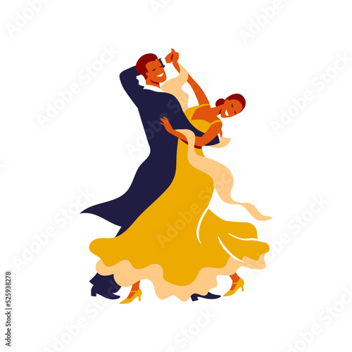Dancing couple. Trendy vector illustration of professional ballroom dancers for poster, banner. International Latin: Cha cha, Samba, Rumba, Paso Doble, Jive. American Rhythm: Salsa, Mambo,  Swing.