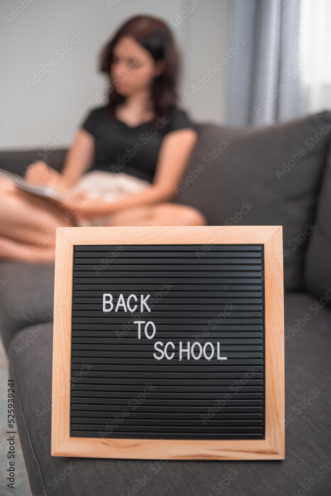 Back to school concept. High school student doing homework on couch. Schoolgirl reading books and writing notes Back to school concept. High school student doing homework on couch. Schoolgirl reading books and writing notes