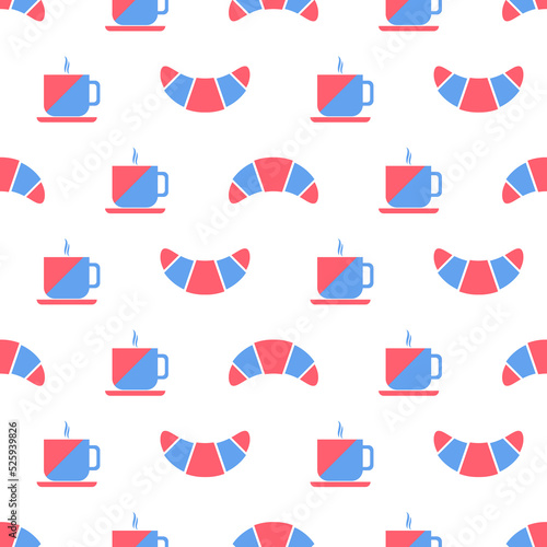 France seamless pattern. Cute pattern with croissant, cup coffee. Symbol France in national color. Paris cafe background. Design for print on wallpaper, wrapping paper, fabric. Vector illustration