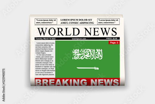 Saudi Arabia country newspaper with flag, breaking news on newsletter, news concept, gazette page with headline