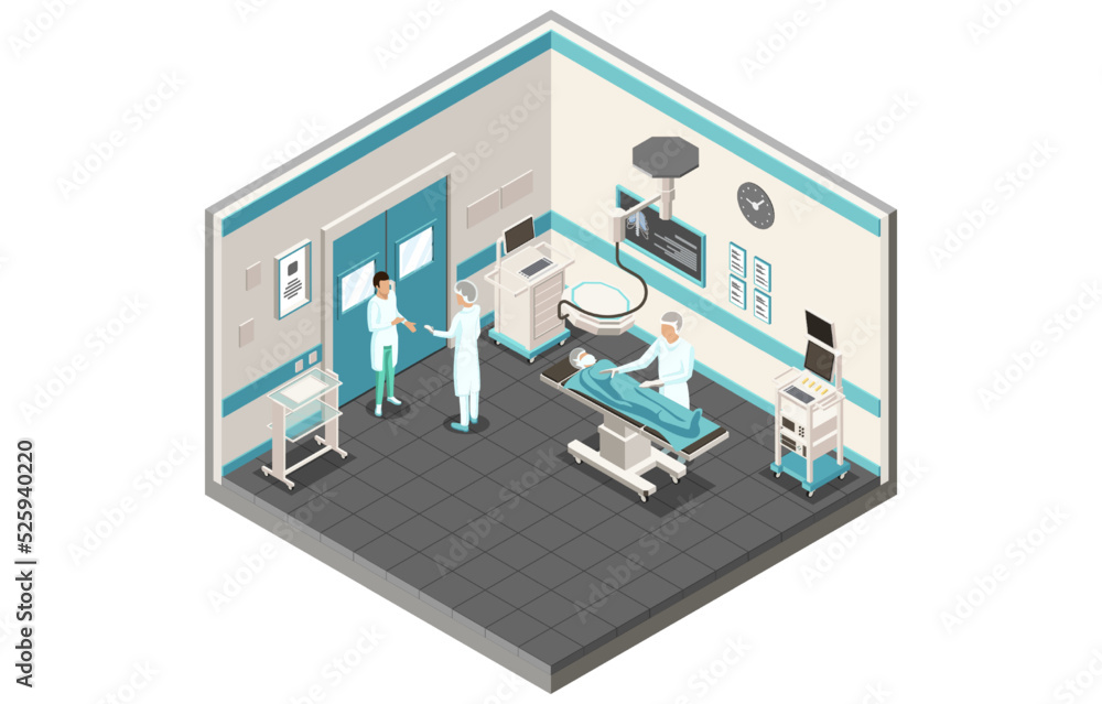 Concept Of Plastic Surgery, Healthcare And Medicine. Operation Room With Surgeon, Nurse And Anesteziologist. Process Of Emergency Patient Operation In Clinic. Isometric 3d Cartoon Vector Illustration