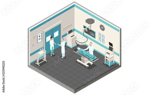 Concept Of Plastic Surgery, Healthcare And Medicine. Operation Room With Surgeon, Nurse And Anesteziologist. Process Of Emergency Patient Operation In Clinic. Isometric 3d Cartoon Vector Illustration