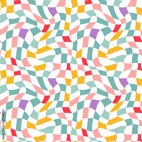 Colorful Checkered Seamless Pattern. Vector Psychedelic Background in Retro Style. Abstract Groovy Texture. Hippie Vibes 1970 Aesthetics
