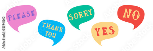 Words please, thank you, sorry, yes, no. Сomics speech bubble set with words made of letters in mexican style. Flat vector illustration