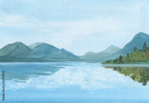 Photography Watercolor landscape with mountains and sea