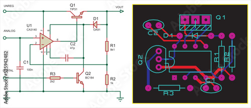 Vector electronic circuit board with components.
Electrical schematic diagram analog-to-digital converter. A simple electrical circuit on paper.