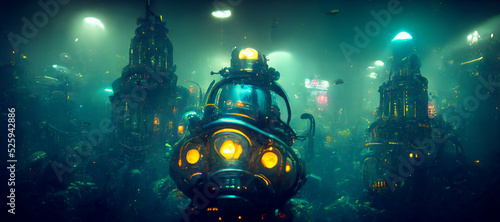 Photo underwater deep sea neon city robots hyper realistic Digital Art Illustration Pa