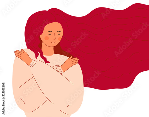 Cute woman with long hair hugs herself. Positive lady expressing love and care.