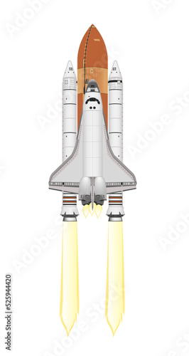 Space shuttle with rocket boosters launch isolated on white. Vector illustration.
