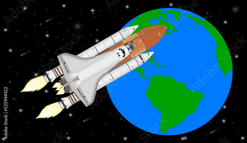 Space shuttle flying in a front of the Earth planet of solar system. vector illustration. Elements of this image were furnished by NASA.