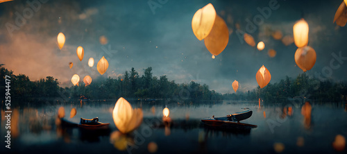 Billede på lærred A single canoe on a lake glowing paper lanterns falling Digital Art Illustration