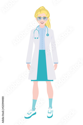 Girl doctor in a medical coat and a stethoscope. Blond woman in nurse glasses smiling. Cartoon female character for medical concept.