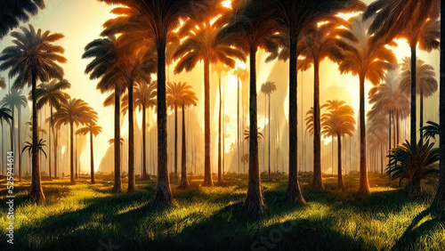 Panorama of the palm forest at sunset, the sun's rays through the trees, fantasy forest, fog, palm jungle. 3D illustration. © MiaStendal