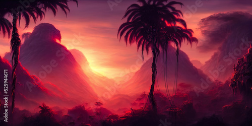 Fantasy neon forest  jungle at sunset. Mystical unreal forest. Beautiful neon landscape. 3D illustration.