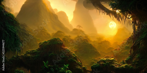 Fototapeta Naklejka Na Ścianę i Meble -  Fantasy neon forest, jungle at sunset. Mystical unreal forest. Beautiful neon landscape. 3D illustration.