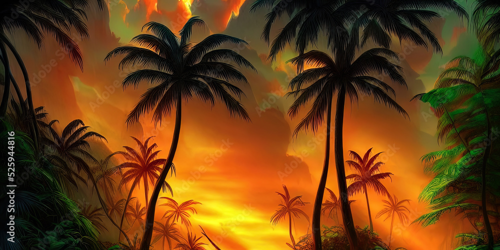 Palm neon forest, jungle at sunset. Unreal forest. Beautiful neon fantasy landscape. 3D illustration.