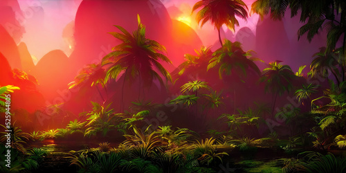 Palm neon forest, jungle at...