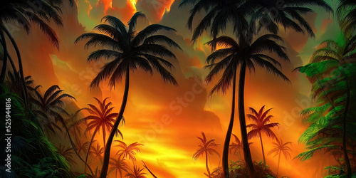 Palm neon forest, jungle at sunset. Unreal forest. Beautiful neon fantasy landscape. 3D illustration. © MiaStendal