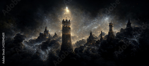 Foto shiny chesspiece castle tower black dark galaxy cosmos Digital Art Illustration