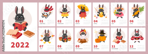 Wall calendar design template. 2023 year of black water rabbit. Cute bunny cartoon character. Monthly chinese calendar. Vector illustration.