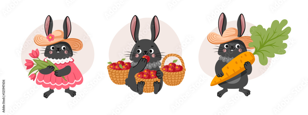 Naklejka premium Rabbit with flowers, carrot, apples. Cute black bunny cartoon character. Vector flat illustration.