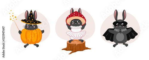 Baby rabbits in halloween costumes. Fly agaric mushroom, pumpkin, wizard and vampire. Bunny cartoon character. Vector flat illustration.