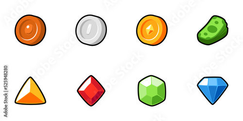 Isolated flat money collection icons for game, interface, sticker, app. The sign in a cartoon style for match 3. The sprite can be used like a craft element in hyper casual mobile game