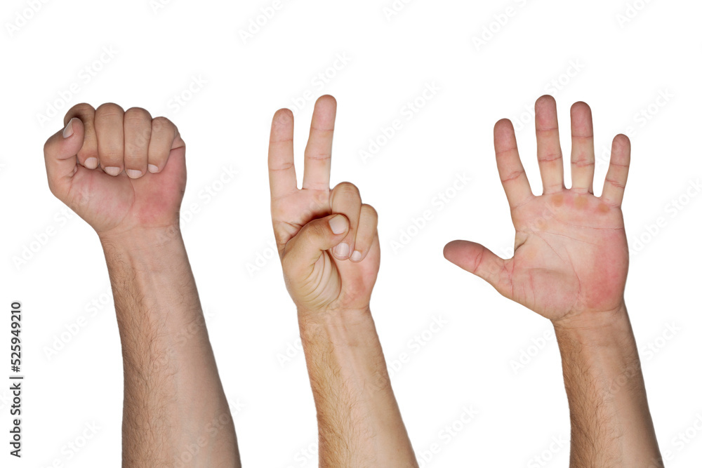 Left hands sign of rock paper and scissors game good isolated on white background with copy space. Fighting and funny game for children. Close up, collection of gesture of the sign hand, multiple set Left hands sign of rock paper and scissors game good isolated on white background with copy space. Fighting and funny game for children. Close up, collection of gesture of the sign hand, multiple set