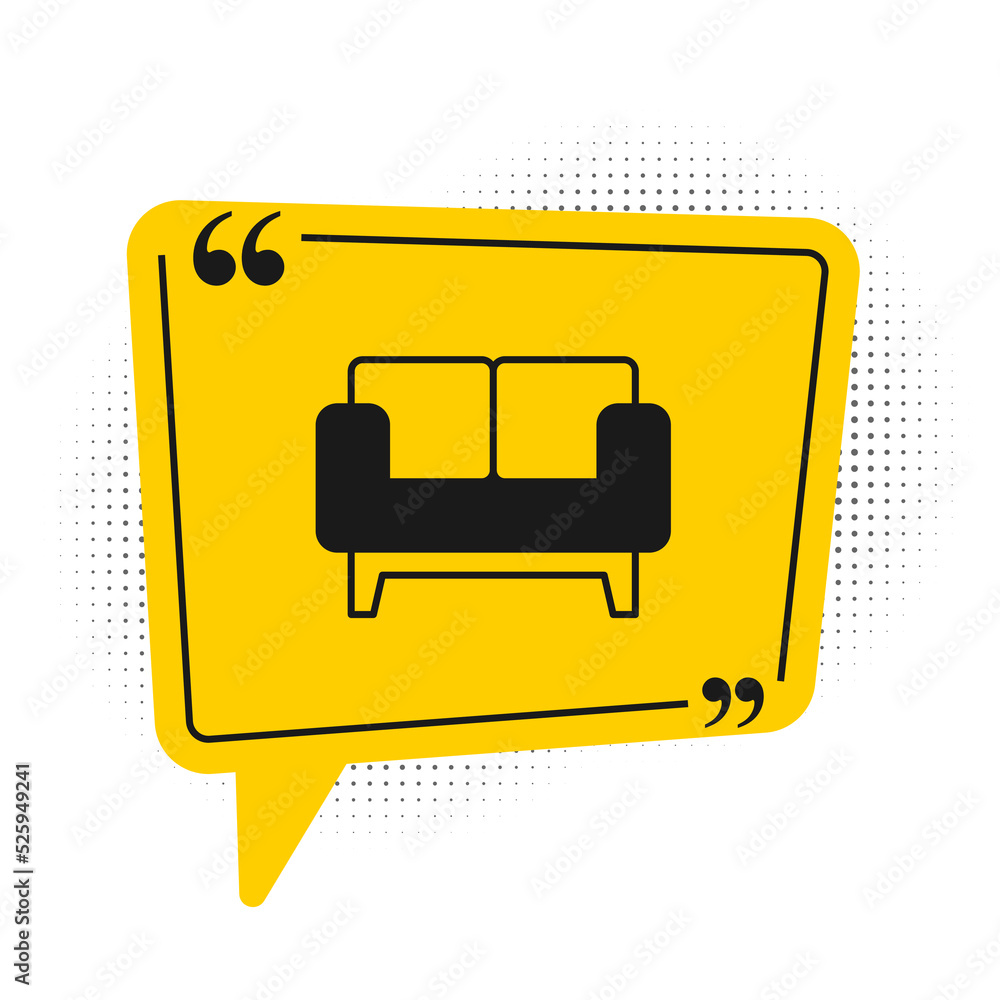 Black Sofa icon isolated on white background. Yellow speech bubble symbol. Vector Black Sofa icon isolated on white background. Yellow speech bubble symbol. Vector
