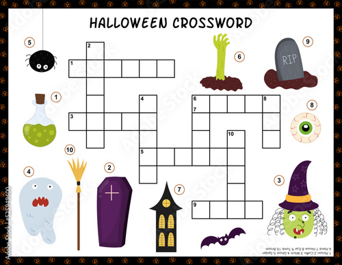 Halloween crossword activity page for kids. Puzzle game with spooky characters. Educational activity for school and preschool. Vector illustration