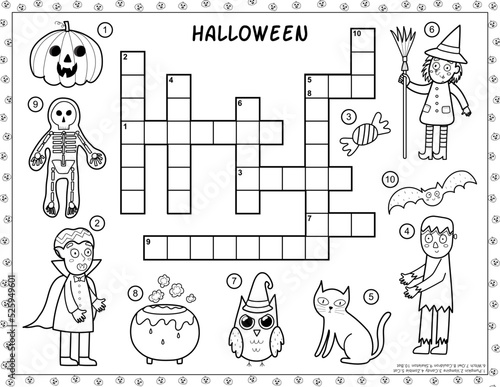 Black and white Halloween crossword with spooky characters. Pumpkin, witch, zombie, vampire and more. Coloring page and puzzle game for children. Vector illustration