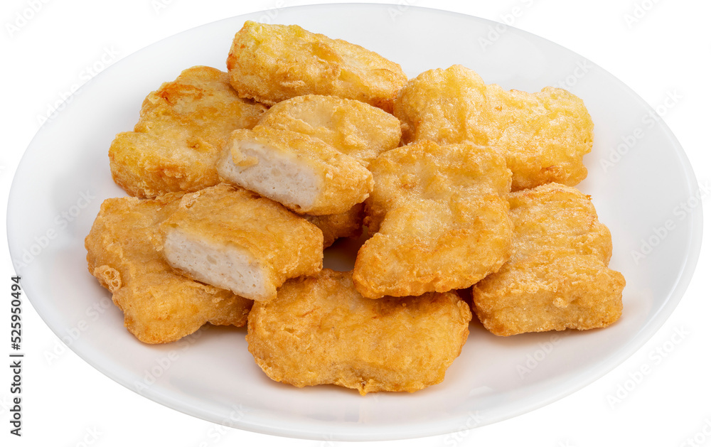 Fried chicken nugget on white plate isolated on white background, Fried nugget on white With clipping path. Fried chicken nugget on white plate isolated on white background, Fried nugget on white With clipping path.