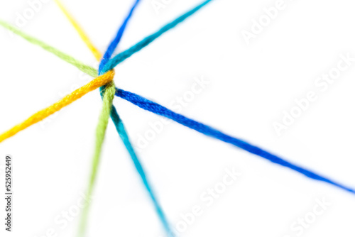 Yellow, green, blue, teal, yarn intertwined and radiating outward on a white background.