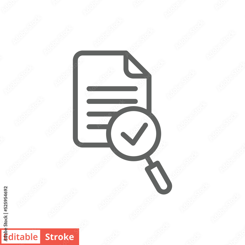 Audit icon. Simple outline style. Review, overview, verification, business concept. Document with checkmark magnifying glass. Vector illustration isolated on white background. Editable stroke EPS 10. Audit icon. Simple outline style. Review, overview, verification, business concept. Document with checkmark magnifying glass. Vector illustration isolated on white background. Editable stroke EPS 10.