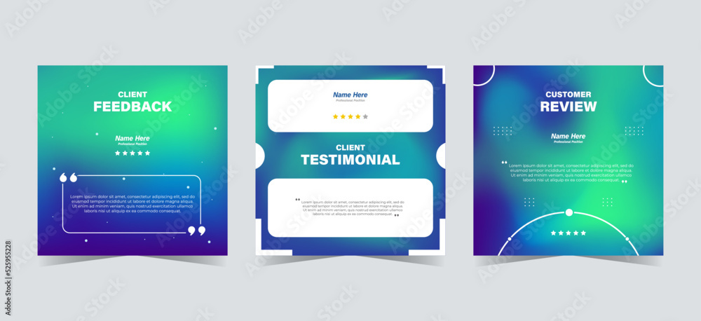 Set of customer testimonials social media template. Blue green gradient mesh background vector illustration. Modern Banner, flyer, poster vector illustration Set of customer testimonials social media template. Blue green gradient mesh background vector illustration. Modern Banner, flyer, poster vector illustration