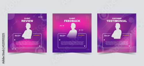 Set of customer testimonials social media template. Pink purple gradient mesh background vector illustration. Modern Banner, flyer, poster vector illustration