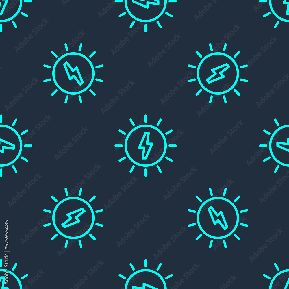 Green line Solar energy panel icon isolated seamless pattern on blue background. Sun with lightning symbol. Vector