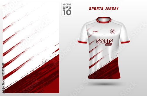 T-shirt sport design template with red abstract grunge pattern for soccer jersey. Sport uniform in front view. Tshirt mock up for sport club. Vector Illustration