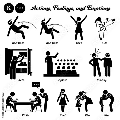 Stick figure human people man action, feelings, and emotions icons alphabet K. Keel over, keen, kick, keep, keynote, kidding, kibitz, kind, and kiss.